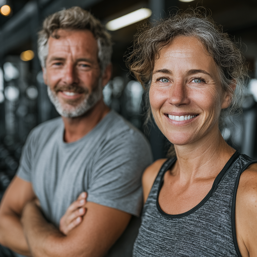 Active middle-aged man and woman in their 50s working out together in a modern gym, both smiling and motivated during their fitness session